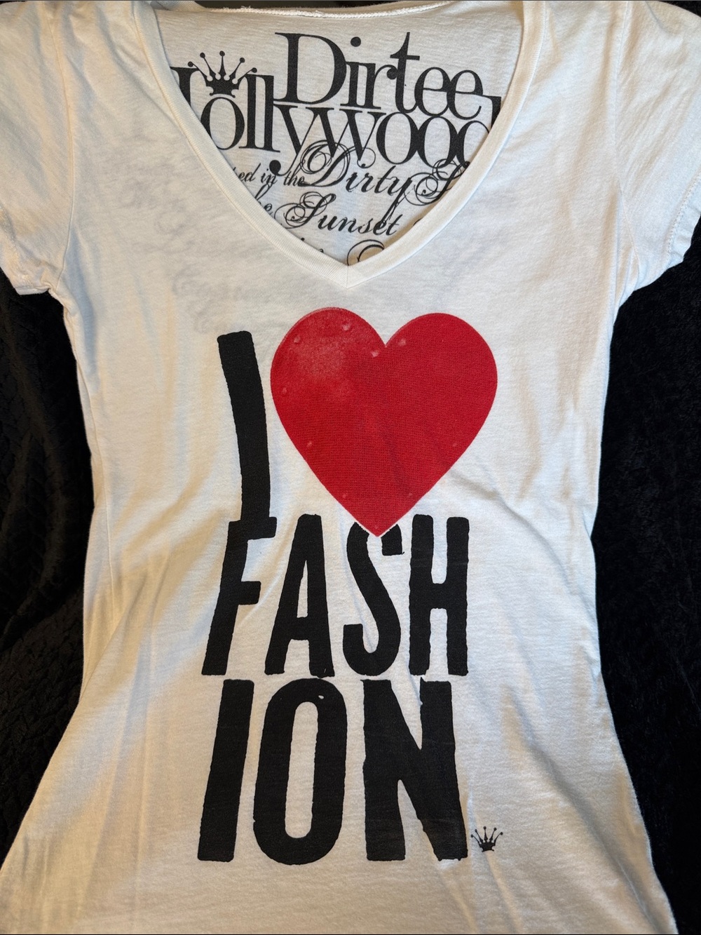 Dirtee Hollywood White Short Sleeve Tee with Red Heart and Black Text